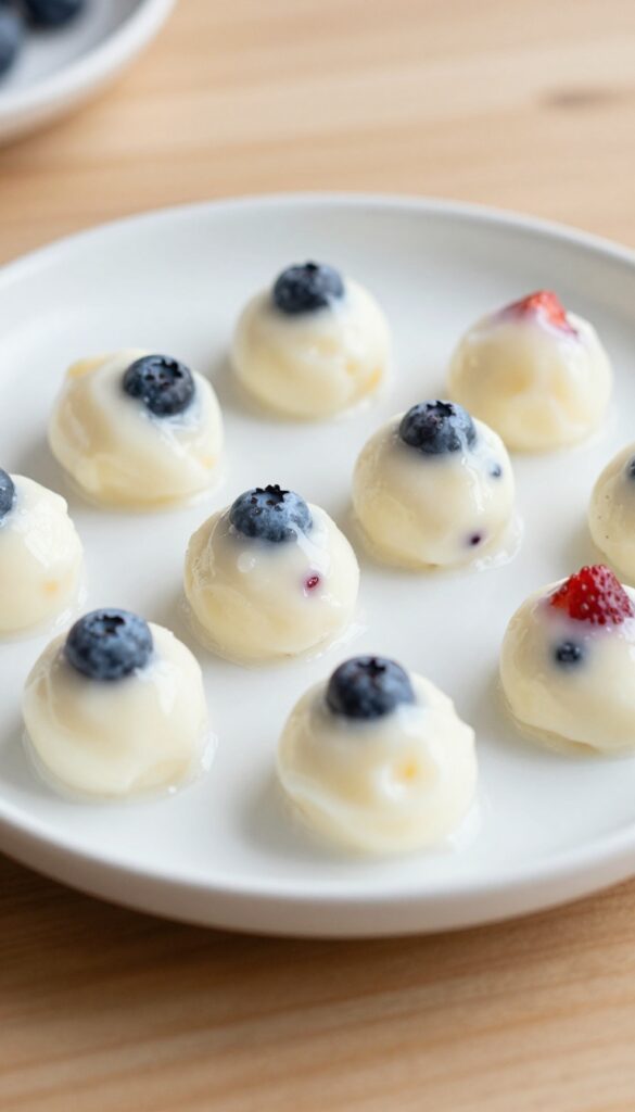 Close-up of frozen yogurt berry drops for dogs, showing creamy texture with fruit pieces, arranged on a plain white plate in natural light.