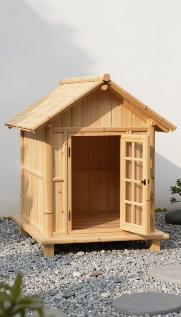 Japanese Zen dog house with sliding door in a minimalist garden