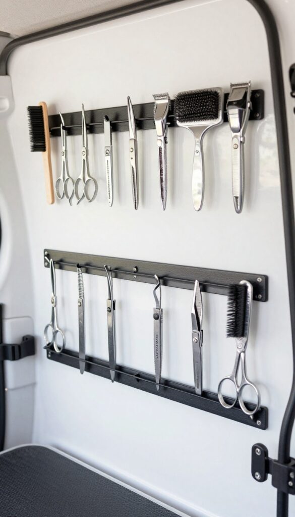 A magnetic tool strip with grooming tools organized in a mobile dog grooming setup, showcasing practical organization for pet owners.