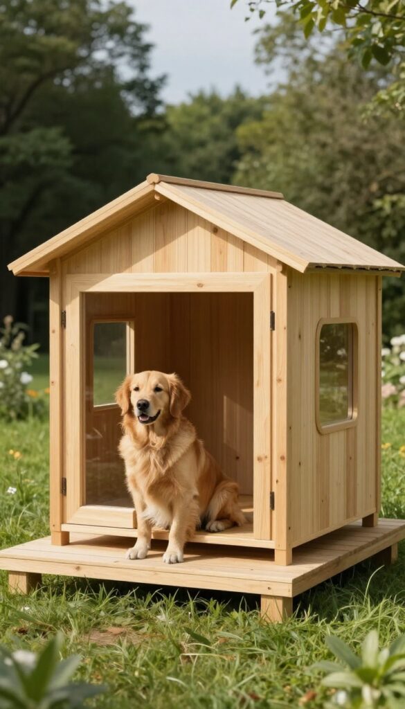 Modern minimalist dog house in backyard with large golden retriever