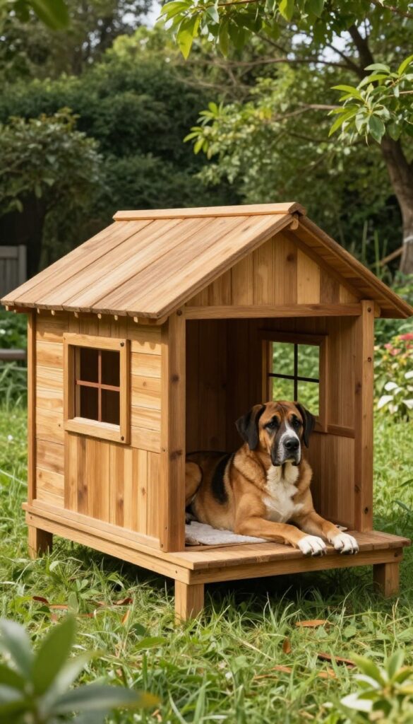 Large insulated wooden dog house with removable roof on raised platform in sunny yard, giant dog beside it.