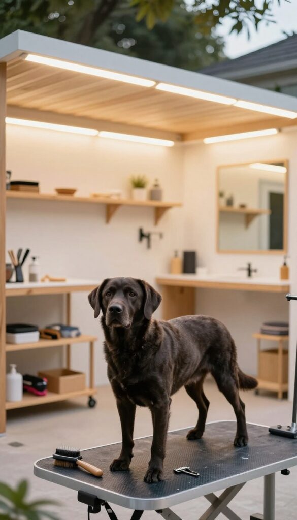A backyard dog grooming shed illuminated with energy-efficient LED lights during an evening session, showing a calm dark-coated dog being groomed in a well-lit, shadow-free workspace with tools organized on shelves.