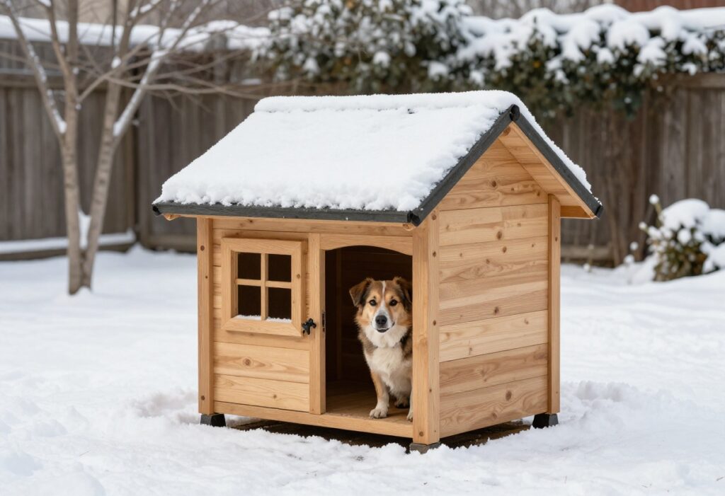 Insulated dog house in snow with dog peeking out