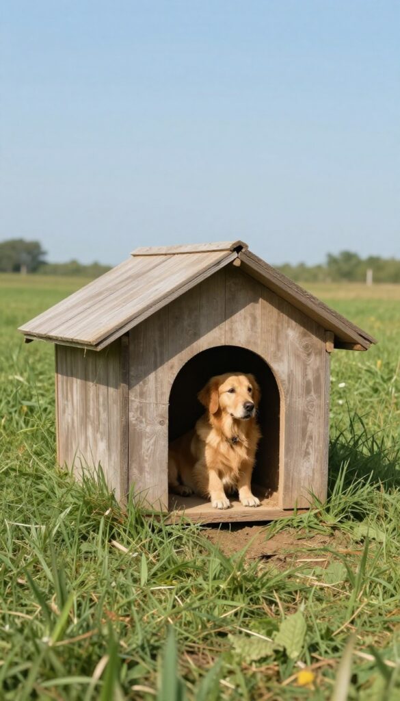 Partially buried underground dog house with a golden retriever resting inside, natural cooling concept.