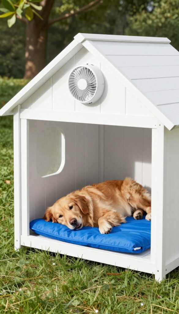 Dog house with cooling fan and cooling pad, golden retriever resting inside