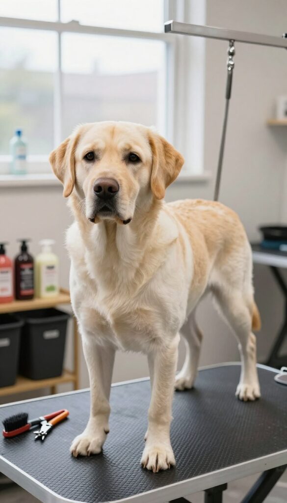 A Labrador Retriever receiving basic grooming services in a tidy shop setting, showcasing essential care like bathing and nail trimming to attract new clients.