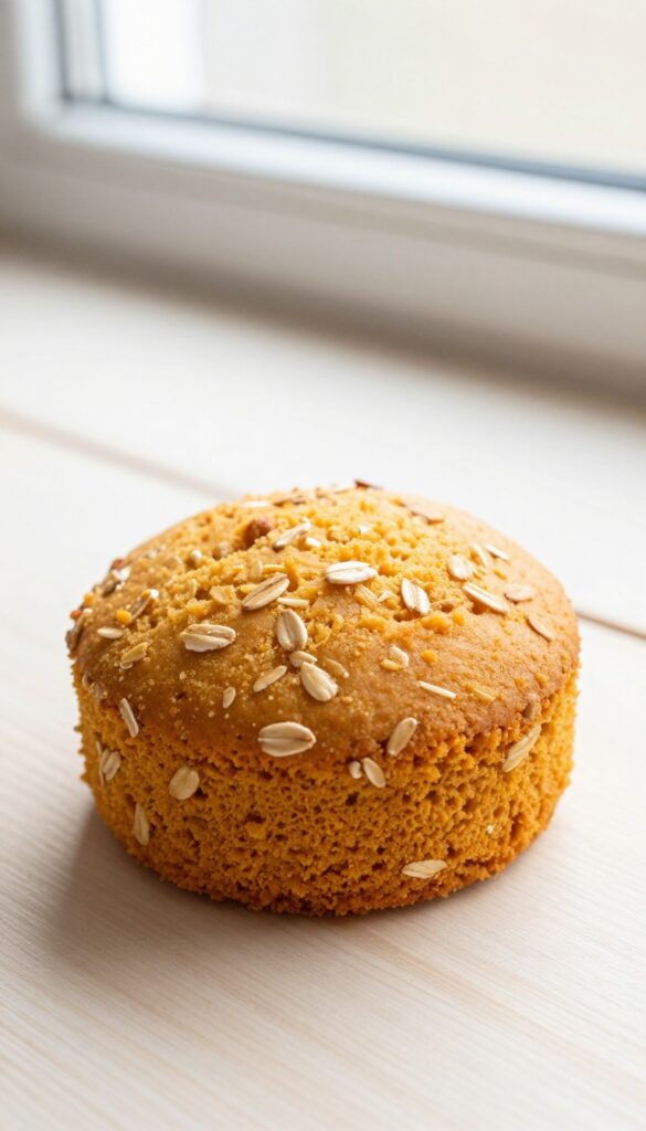 Homemade pumpkin oat soft dog cake on a wooden surface, photorealistic, bright natural light, no text.