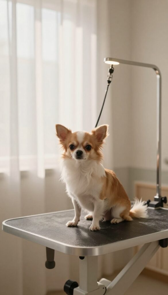 A serene dog grooming shop interior with gentle lighting to calm anxious dogs during grooming.