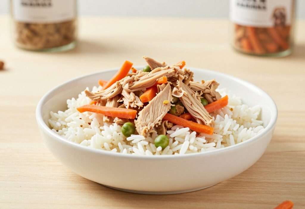 A bowl of homemade dog food with shredded chicken, rice, carrots, and peas on a wooden table, representing quick and easy meal ideas for busy dog owners.