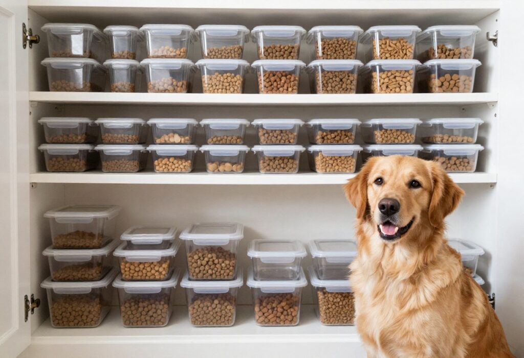 Organized pantry with dog food storage containers and a happy dog in a home setting.