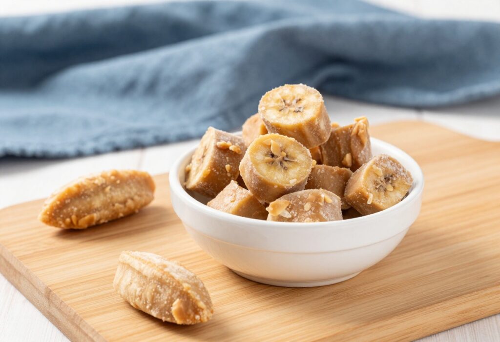 A bowl of homemade frozen peanut butter banana dog treats on a wooden surface, representing cooling snacks for hot weather, with a clean and bright aesthetic.