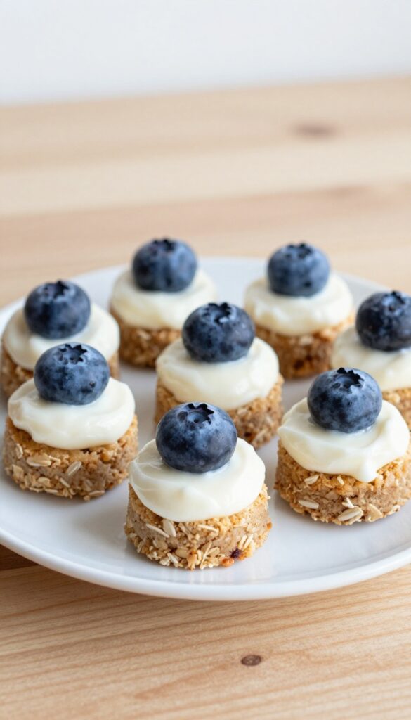 A homemade blueberry yogurt mini cake for dogs, with a soft baked base and creamy topping, served on a plain plate in natural light.