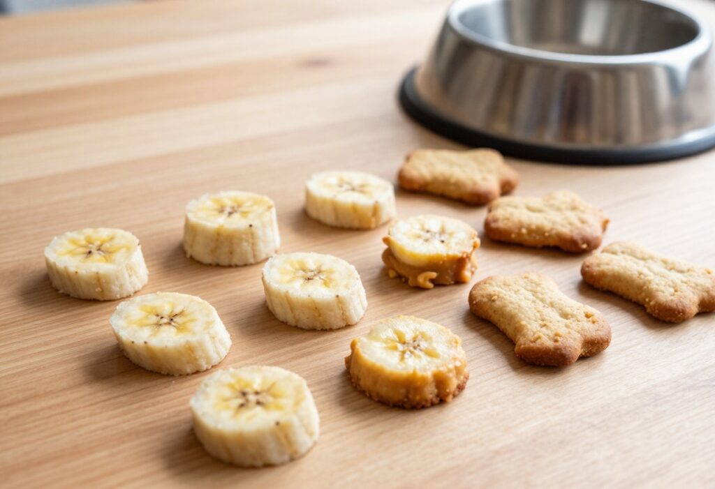 Homemade banana dog treats, including soft training bites and crunchy biscuits, arranged on a wooden surface with natural lighting for a dog recipe blog.