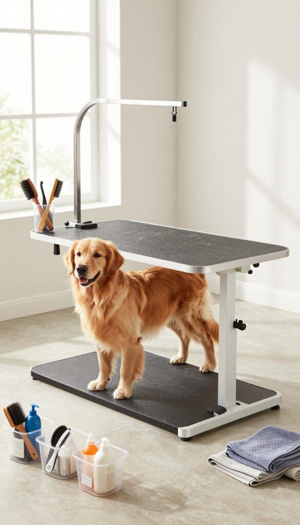 Dog standing on non-slip mat on adjustable grooming table with organized storage in bright room