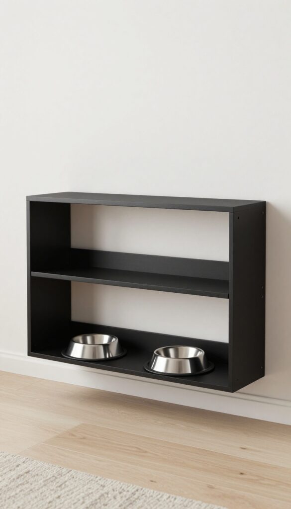 A wall-mounted black shelf with hidden storage for dog food, featuring stainless steel bowls on non-slip mats in a bright, modern room.