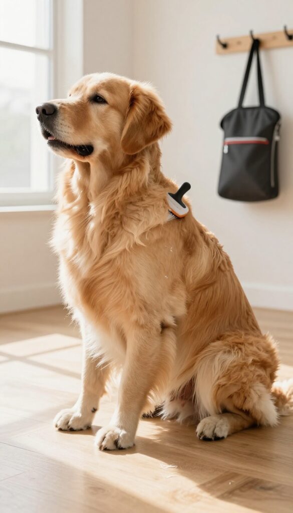 A Golden Retriever being groomed with a de-shedding tool in a bright, tidy home setting to reduce shedding mess.