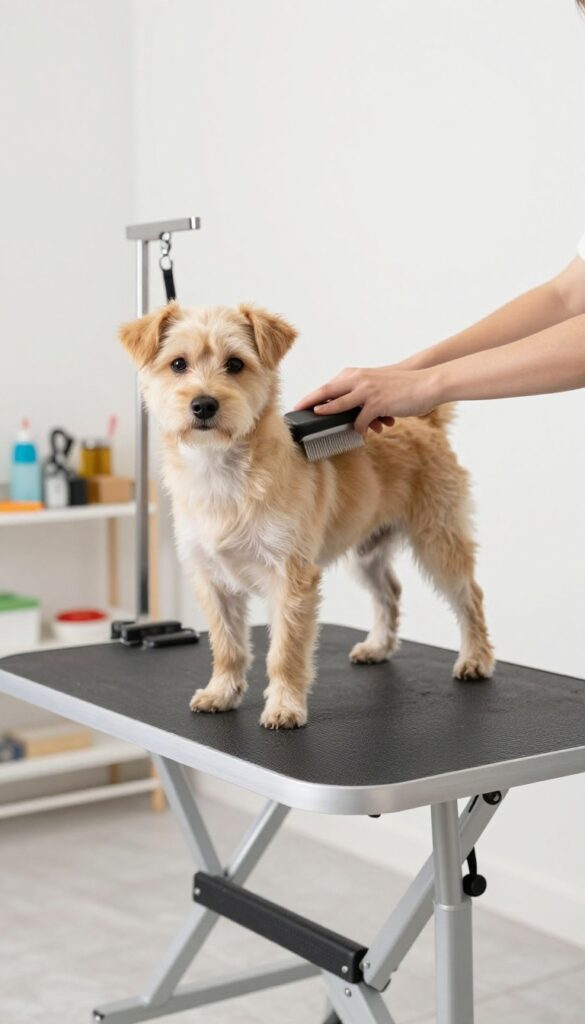 A dog on a raised grooming table being brushed in a well-lit room, demonstrating ergonomic grooming for home use.