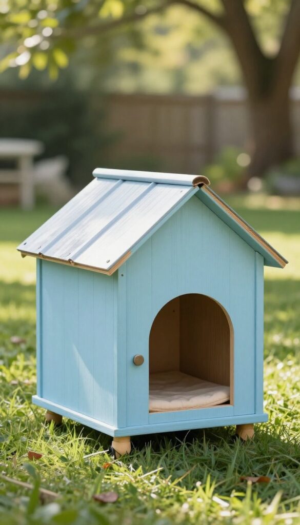 Upcycled nightstand turned into a stylish outdoor dog house with slanted roof and cushion