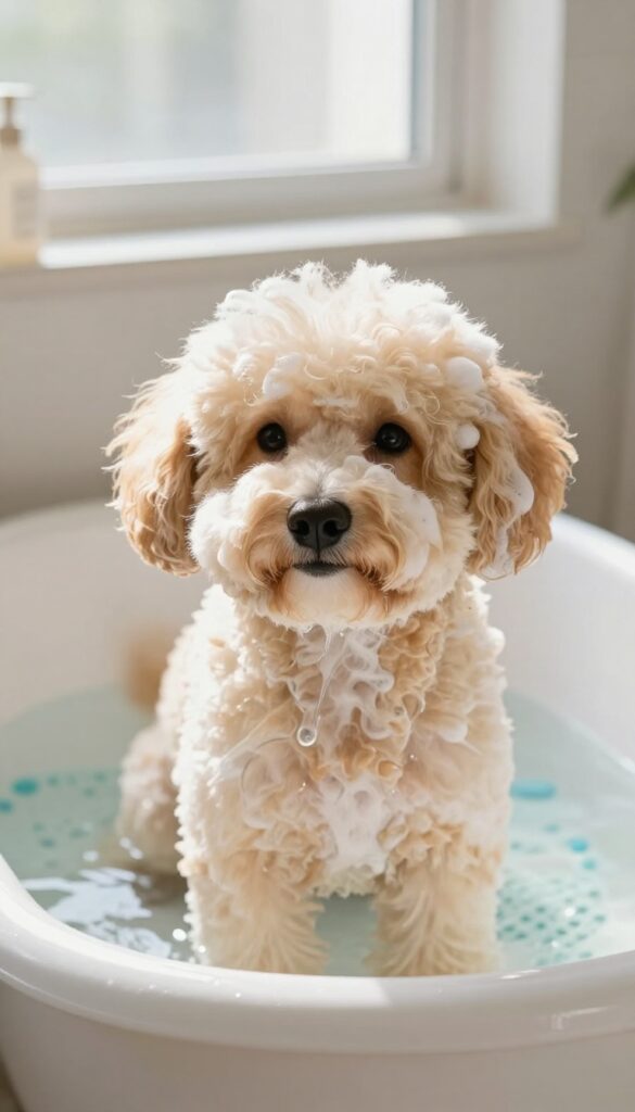 A Doodle dog enjoying a gentle bath with hypoallergenic shampoo in a well-lit bathroom, showcasing calm grooming for sensitive skin.