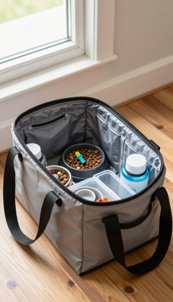A portable tote station for dog feeding essentials, showing organized travel bowls and containers inside a bag, designed for easy access during trips or quick moves.