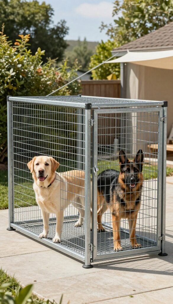Heavy-duty metal double kennel for large breeds with two dogs inside