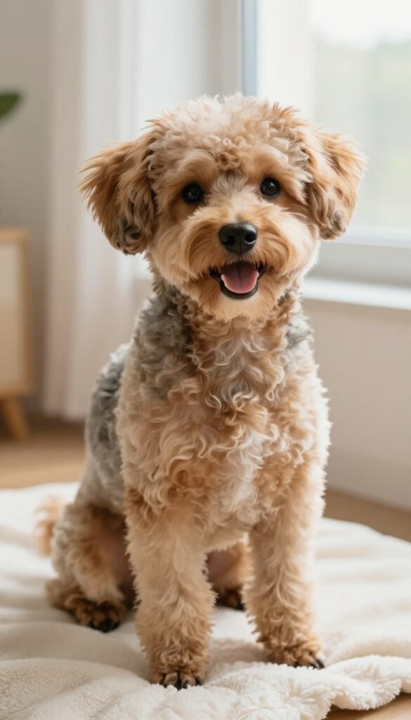 A dog with a temporary mohawk or patterned grooming style in natural light, illustrating fun and safe creative grooming for special occasions.