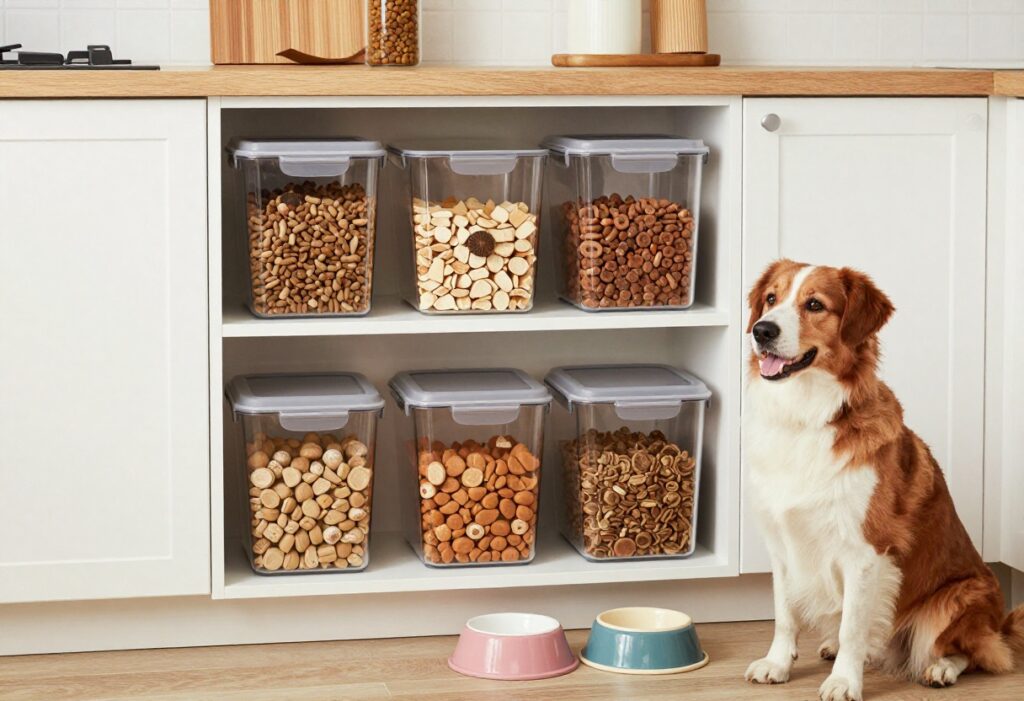 A tidy kitchen with dog food storage containers and a happy dog, showcasing practical organization ideas for pet owners.