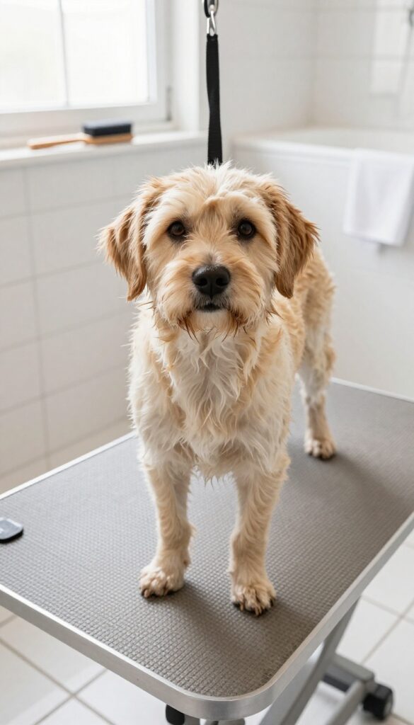 A calm dog standing safely on a non-slip grooming mat in a bright bathroom, showcasing DIY grooming stability for pet owners.