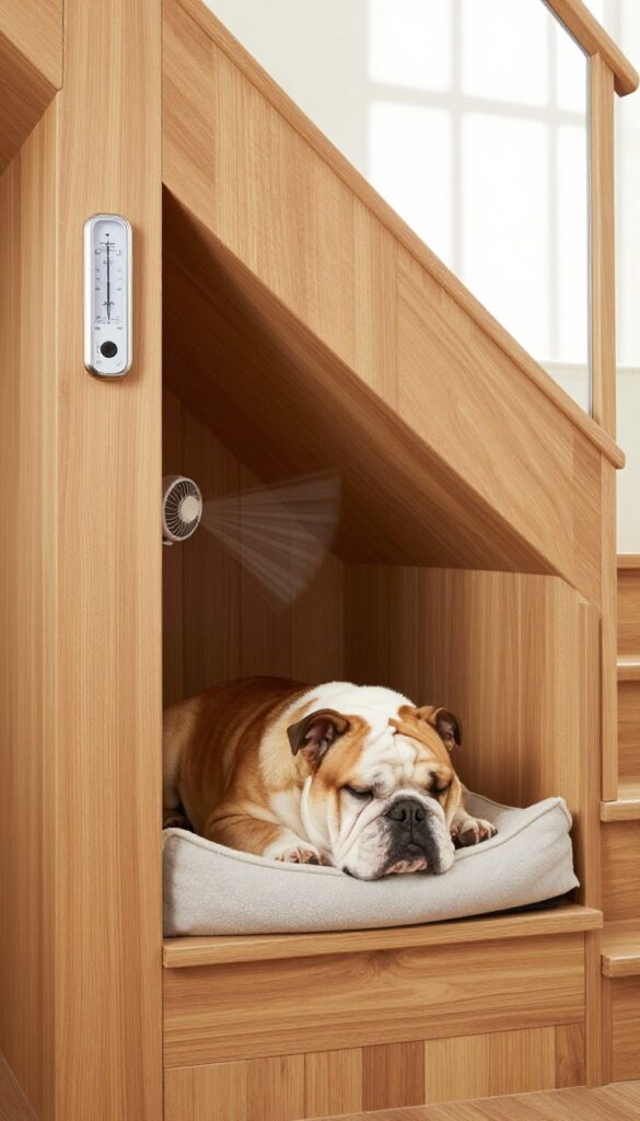 Cozy under stairs dog nook with fan and thermometer for temperature control