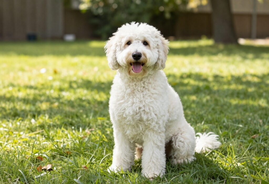 A cheerful Goldendoodle with a neat haircut in a backyard setting