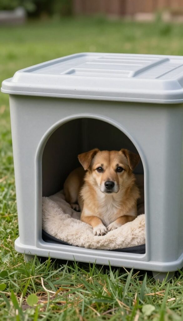 DIY dog house made from a plastic storage bin with a dog resting inside