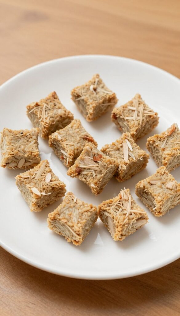 Homemade chicken and rice mini training treats for dogs, arranged on a white plate in natural light.