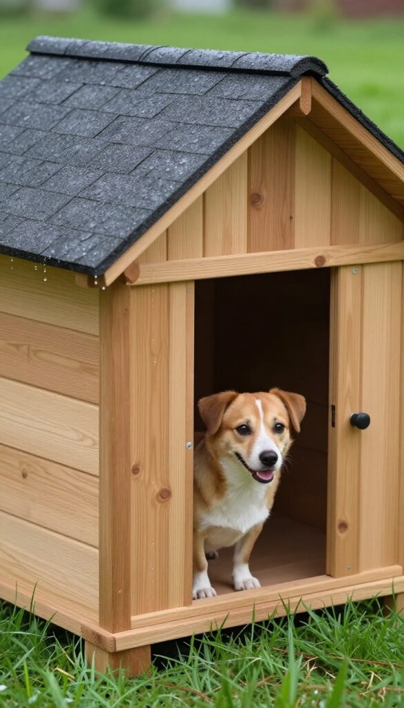 Dog house with sloped roof in backyard