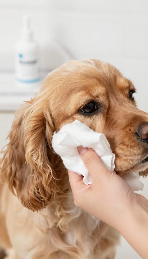 Close-up of a dog's ear being gently cleaned with a cotton ball to prevent infections, showing calm grooming in natural light.