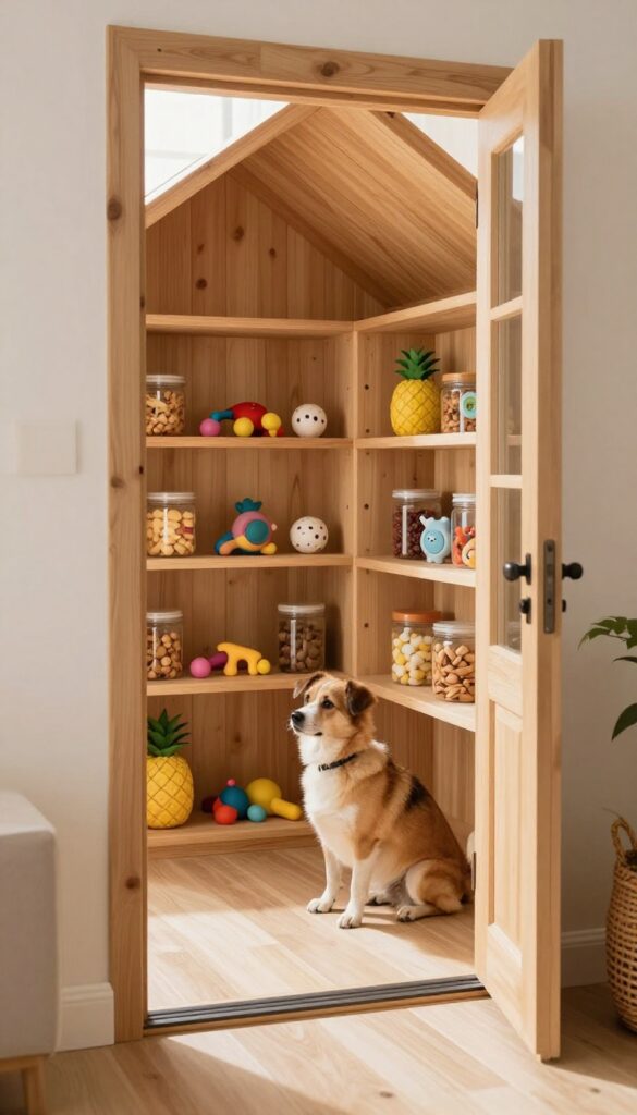 Dog house interior with built-in storage for toys and treats, a dog sitting beside it