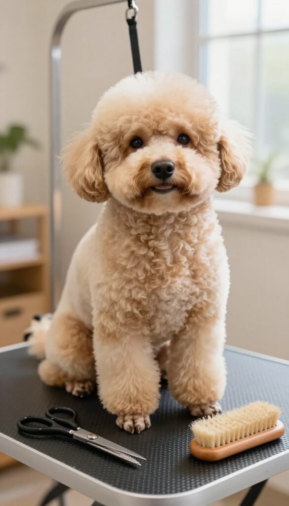A poodle with a Teddy Bear Cut sitting in a cozy grooming area with natural light.