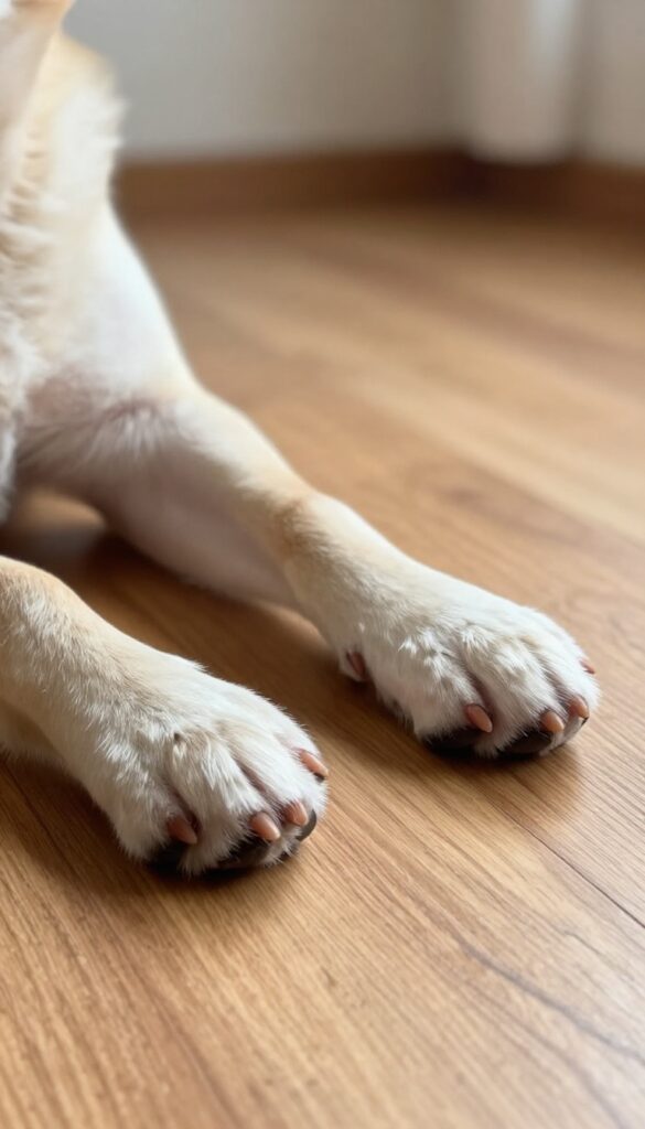 Close-up of a Poochon dog's paws with neatly trimmed fur around the pads and toes, showcasing an easy-clean grooming style on a wooden floor in natural light.