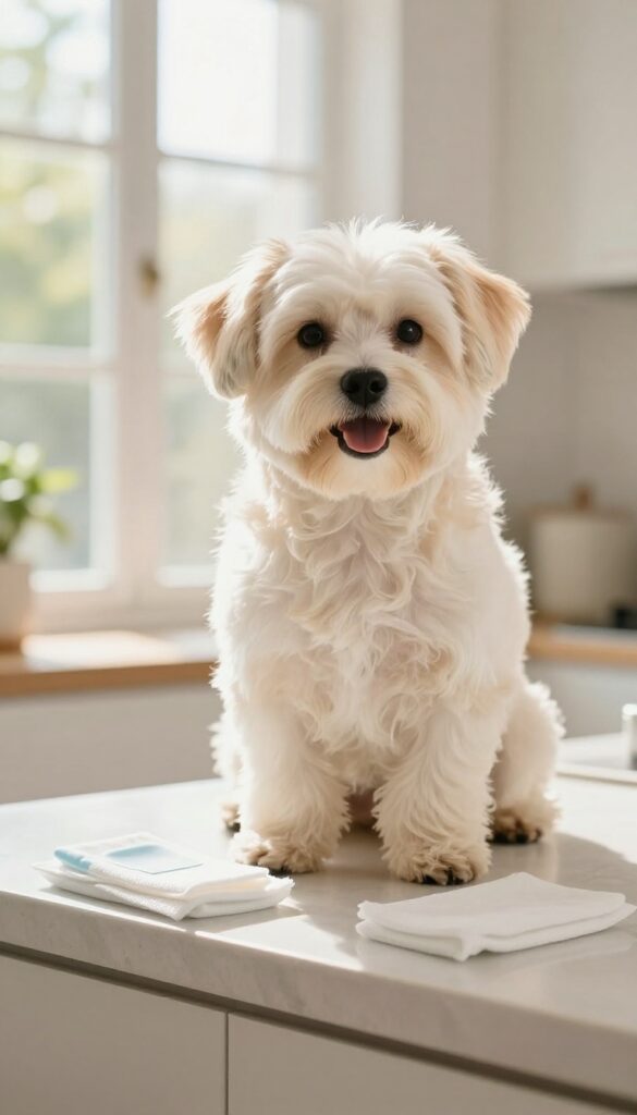 A clean-mouthed light-furred dog in a sunny kitchen with pet wipes nearby, illustrating gentle daily wipe routine for stain prevention.