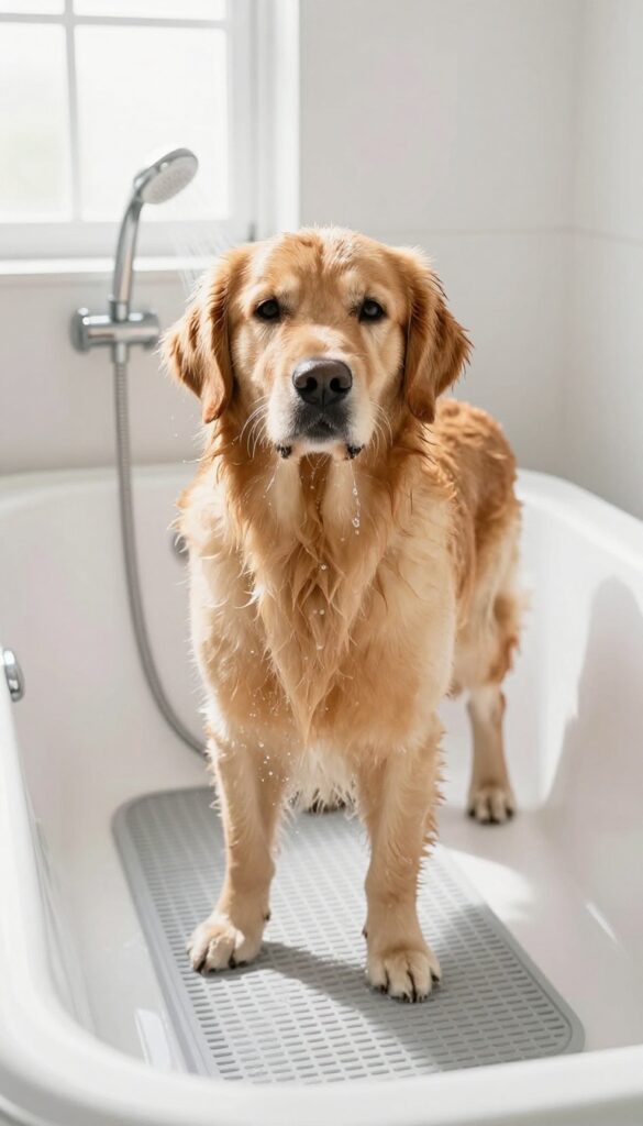 A Golden Retriever being rinsed with a handheld showerhead in a bright bathroom during bath time, showcasing a premium dog grooming salon idea for easier rinsing.