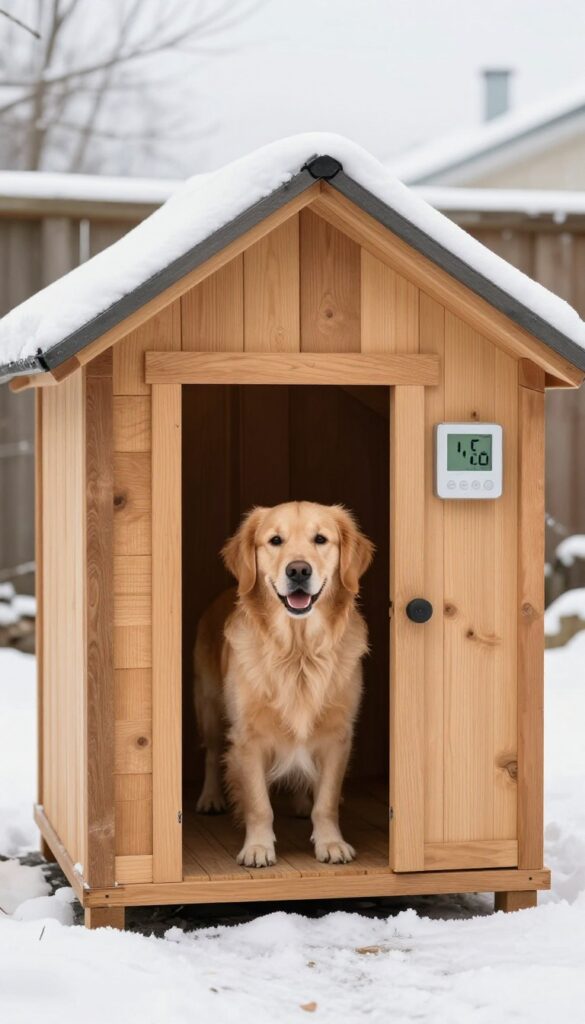 Cozy heated dog house with thermostat control in snowy backyard, golden retriever peeking out