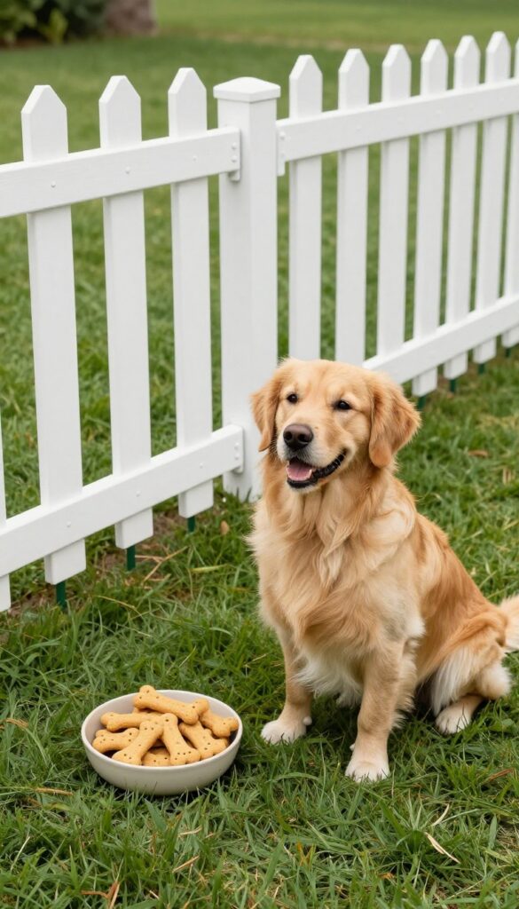 Plastic garden fence kit installed in backyard with dog treats nearby