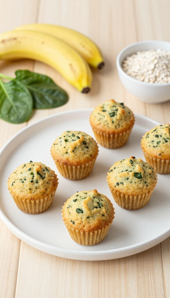 A close-up of banana spinach mini muffins for dogs, with fresh ingredients like spinach and banana, arranged on a plain plate in natural light.