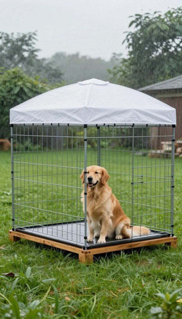 A portable canopy sheltering a dog crate in a rainy backyard