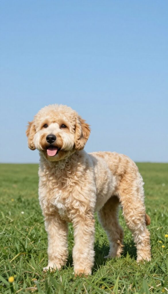 A doodle dog with a short summer haircut enjoying a sunny day outdoors, showcasing the benefits of a shave-down for comfort and easy care.