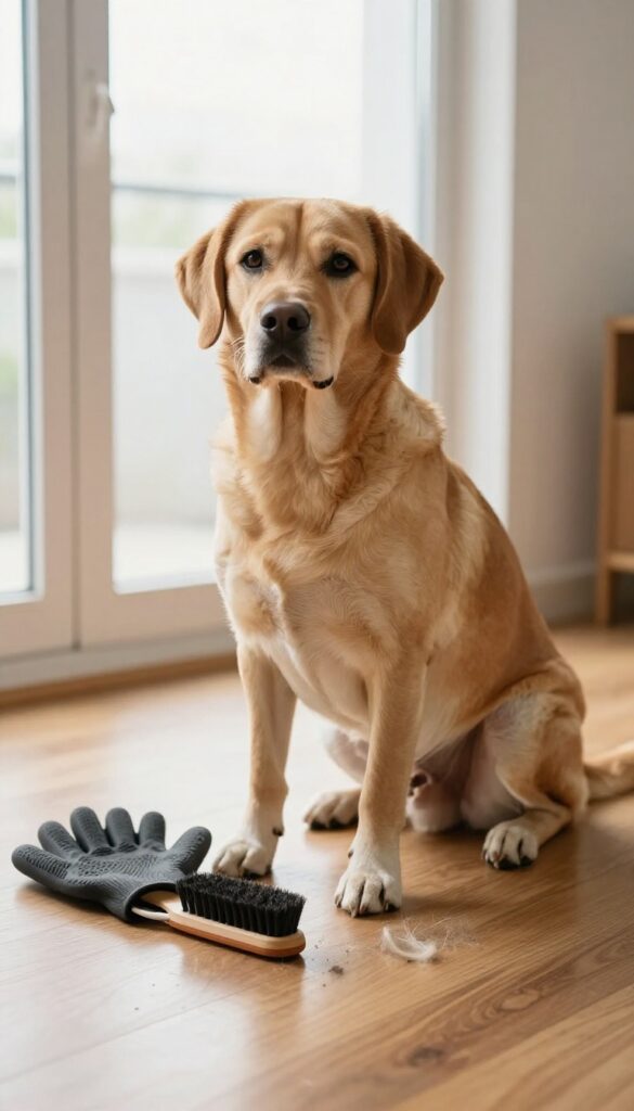 A short-coated dog with grooming tools, including a rubber glove and soft brush, in a bright, natural setting for a blog about dog coat care.