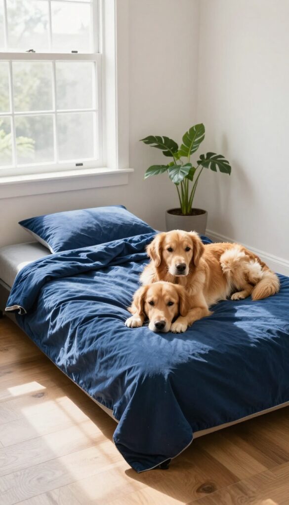Two golden retrievers resting together on a large washable orthopedic dog bed in a sunny living room corner.