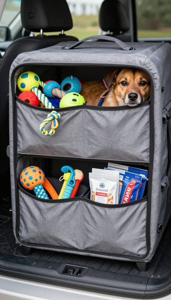 A portable dog crate with side pockets, organized with toys and treats, featuring a dog resting inside in a bright, tidy setting.