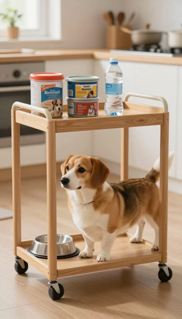 A photorealistic scene showing a dog beside a mobile feeding cart with shelves for food containers and bowls in a bright, clean home setting.