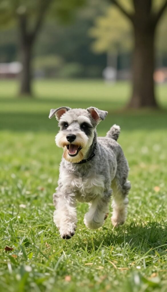A Schnauzer with a short sporty haircut running in a sunny park, showcasing an active and easy-to-clean grooming style for outdoor adventures.