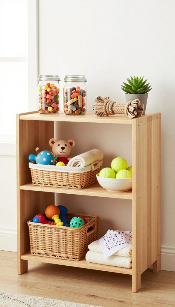 Low bookshelf repurposed as a dog toy and treat display with jars, baskets, and neatly arranged toys in a bright living room.